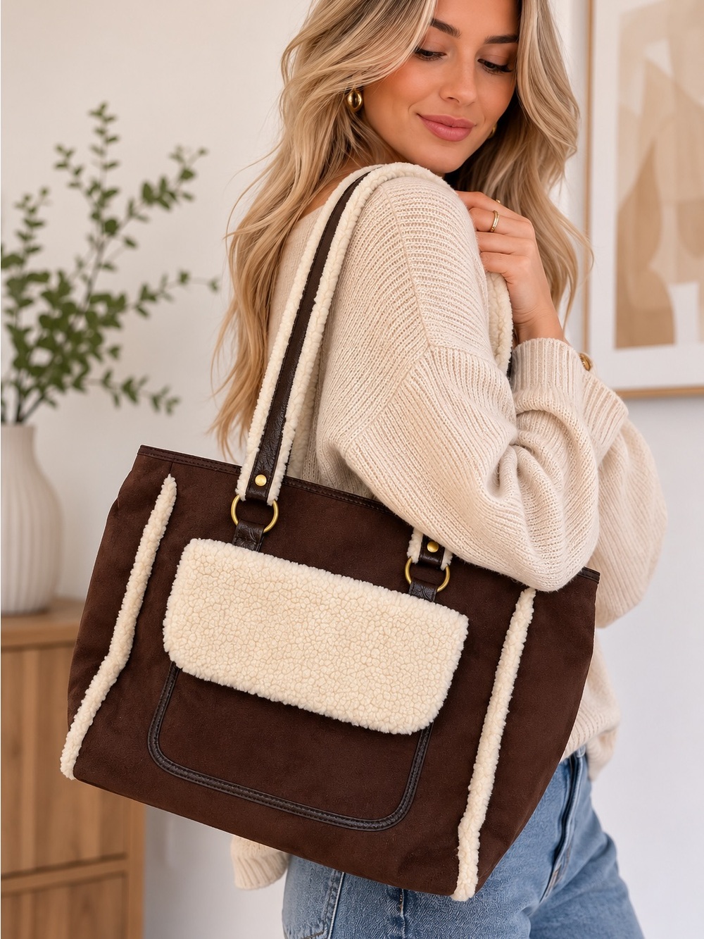 Bath & Body Works Brown Tote with Cream Shearling Trim